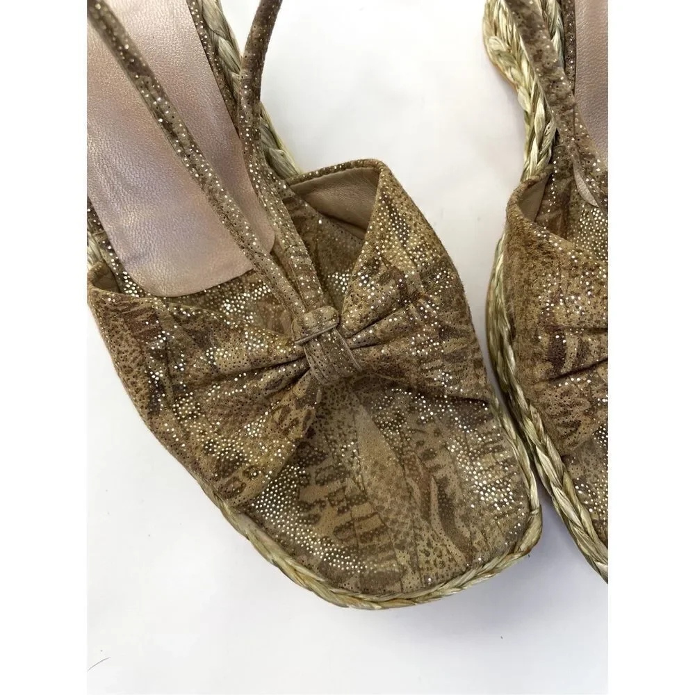 Stuart Weitzman Wishful Espadrilles Wedge Tan Nairobi‎ Patch Ankle Wrap Size 10